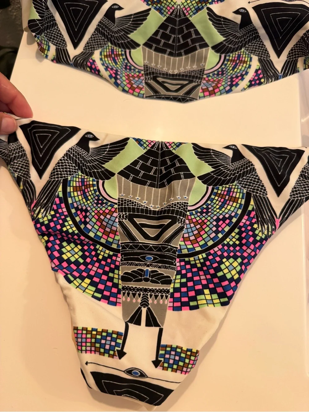 Mara Hoffman Y2K Low Rise Bottoms Pink Yellow Blue Geometric Flounce Bikini Set